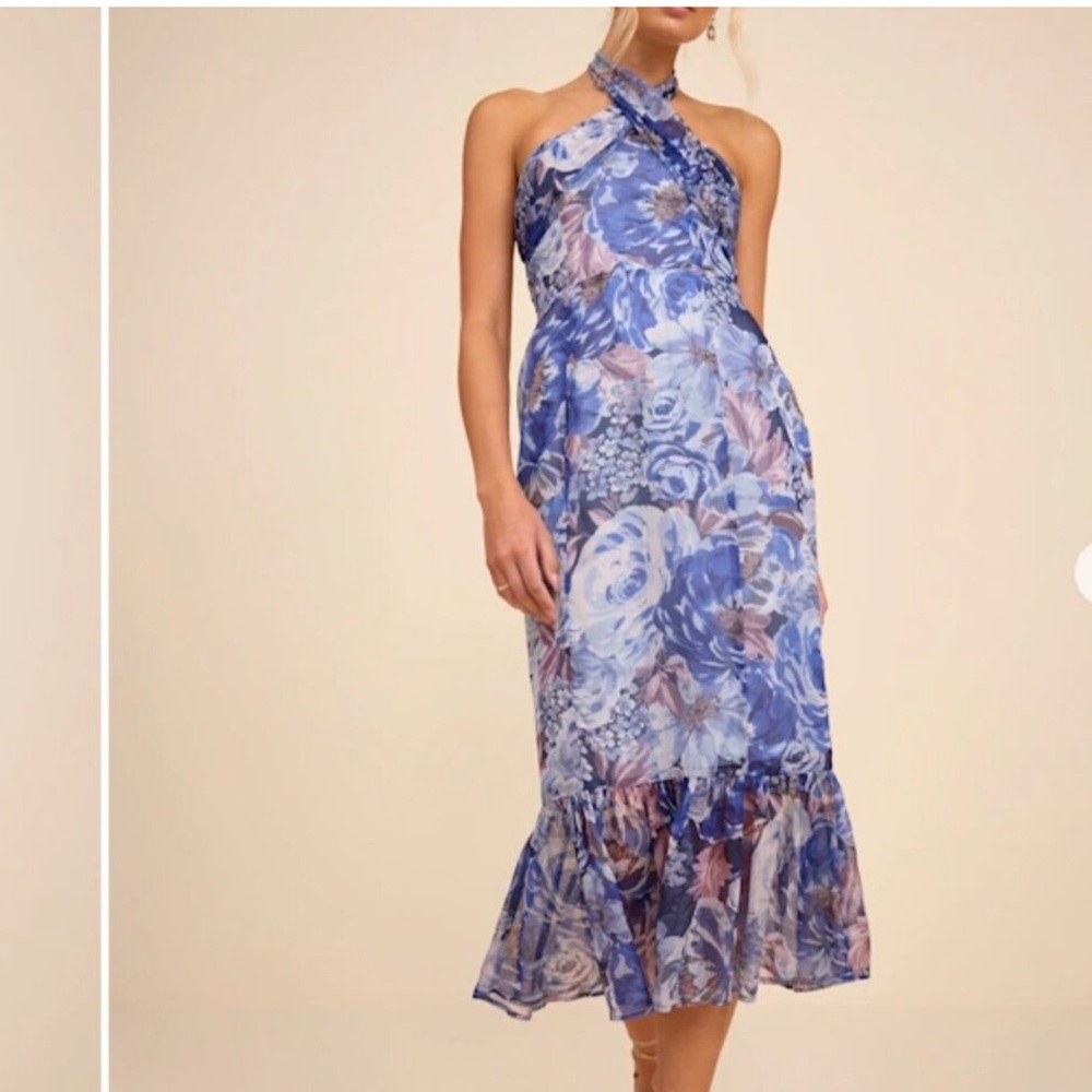 NWT— Juno Blue Multi Floral Halter Trumpet Midi Dress Lulus (L)